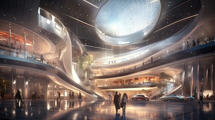 Design concept of a futuristic shopping mall interior, showcasing innovative architecture, advanced technology, and modern aesthetics for a unique retail experience. 