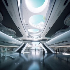 Picture a design concept of a future-forward shopping mall, seamlessly merging advanced design, tech, and aesthetics. Created by AI
