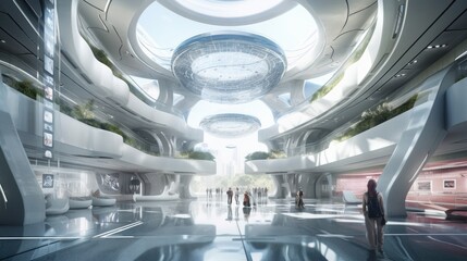Visualize a design concept featuring a futuristic shopping mall interior; a blend of advanced architecture, tech, and aesthetics. Conceived by AI