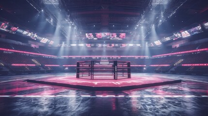 Admire an MMA stadium primed for action, the fight ring echoing anticipation for the gripping boxing match, a revered sport de combat. Curated by AI.