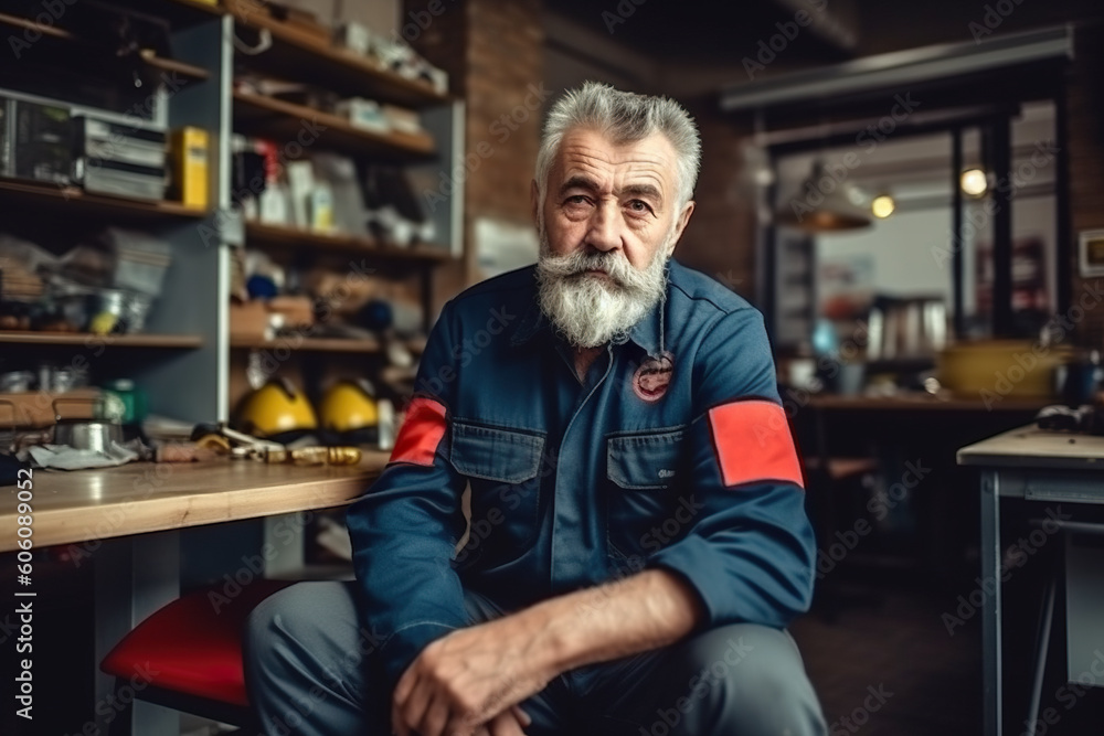 Poster a man with a beard sitting at a table. ai generative image