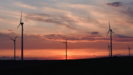Fototapeta na wymiar Windmills in the evening sunset
