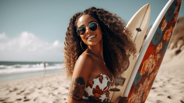 African American woman wearing a bikini in a beach setting - generative AI,  AI generated Stock Photo