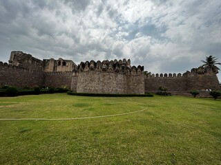 Fototapeta na wymiar Majestic front Walls of Golconda Fort from Hyderabad, India
