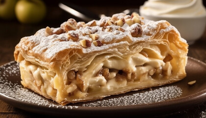 Layered apple strudel, baked to perfection indoors generated by AI