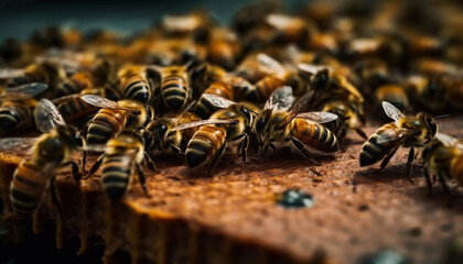 Busy honey bees working in crowded hive generated by AI