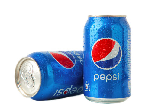 Mykolaiv, Ukraine - May 2, 2023: Pepsi drink in a can with water drops isolated on white background. Pepsi is carbonated soft drink produced by PepsiCo.