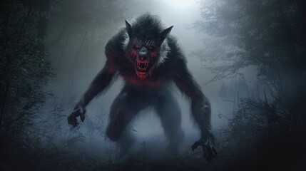 Sinister werewolf with red eyes in gloomy night forest shrouded in mist, full body portrait of scary wolf shifter grin in ominous dark woods ready for attack victim, generative AI - obrazy, fototapety, plakaty