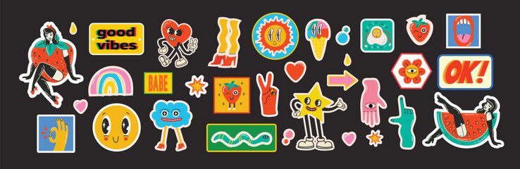 Groovy hippie love sticker character. Comic happy mushroom, hot dog and cloud character with wings in trendy retro 60s 70s cartoon style. Vintage isolated vector illustration.