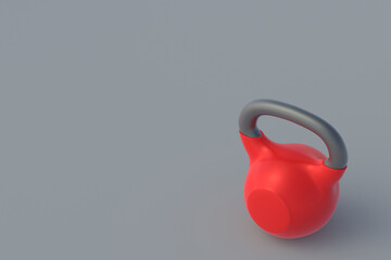 Kettlebell in corner on gray background. Sports equipment. Powerlifting training. Workout exercises. Healthy lifestyle. Copy space. 3d render