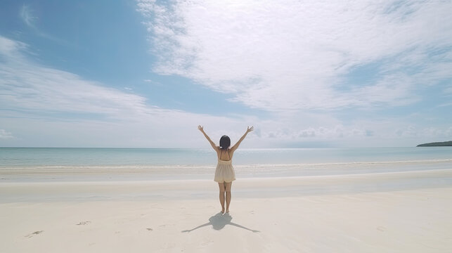 a happy woman stretches her hands in the air on an empty beach by the sea. Generative AI