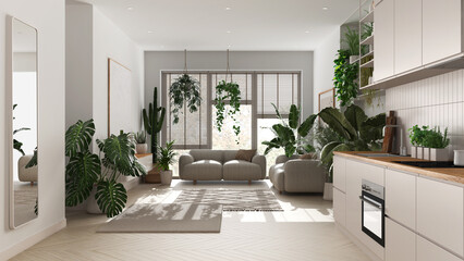 Fototapeta premium Love for plants concept. Kitchen and living room interior design in white tones. Parquet, sofa and many house plants. Urban jungle idea