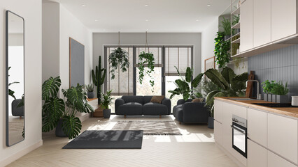 Love for plants concept. Kitchen and living room interior design in white and gray tones. Parquet, sofa and many house plants. Urban jungle idea
