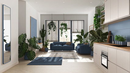 Love for plants concept. Kitchen and living room interior design in white and blue tones. Parquet, sofa and many house plants. Urban jungle idea