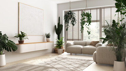 Love for plants concept. Minimal modern living room interior design in white tones. Parquet, sofa and many house plants. Urban jungle idea