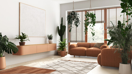 Love for plants concept. Minimal modern living room interior design in white and orange tones. Parquet, sofa and many house plants. Urban jungle idea