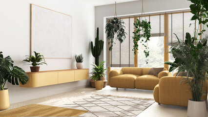 Love for plants concept. Minimal modern living room interior design in white and yellow tones. Parquet, sofa and many house plants. Urban jungle idea