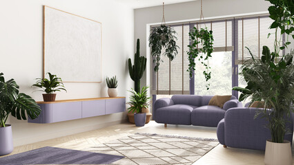Love for plants concept. Minimal modern living room interior design in white and violet tones. Parquet, sofa and many house plants. Urban jungle idea