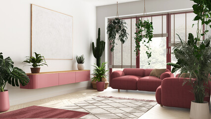 Love for plants concept. Minimal modern living room interior design in white and red tones. Parquet, sofa and many house plants. Urban jungle idea
