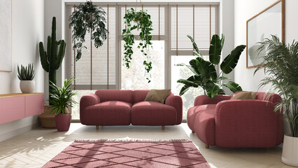 Home garden love. Minimalist contemporary living room interior design in white and red tones. Parquet, sofa and many house plants. Urban jungle, indoor biophilia idea