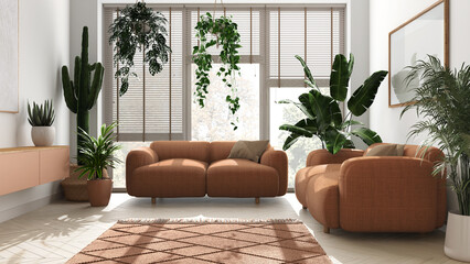 Home garden love. Minimalist contemporary living room interior design in white and orange tones. Parquet, sofa and many house plants. Urban jungle, indoor biophilia idea