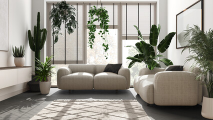 Home garden love. Minimalist contemporary living room interior design in white and dark tones. Parquet, sofa and many house plants. Urban jungle, indoor biophilia idea