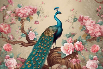 Peacock Tail Feathers and Colorful Flowers on Leather Damask Background - 3D Wallpaper for Home Decor, generative AI