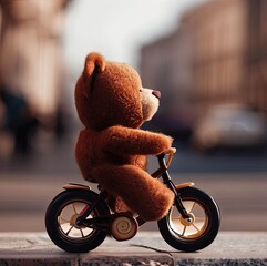A plush bear rides a bicycle through the streets of the city