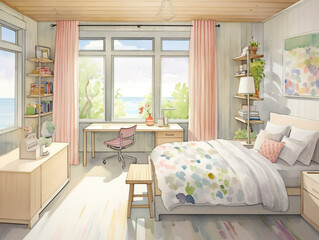 A Watercolor of a Modern and Organic Children's Bedroom in a Contemporary Home | Generative AI