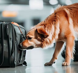 Golden labrador retriever at the airport at work searching luggage and hand luggage