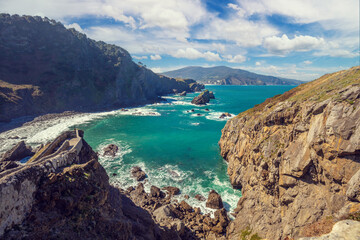 Panoramic view of the rocky coast. Gaztelugatxe, Bermeo, Basque Country, Spain, Europe