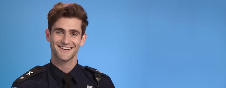 a smiling young male dressed as a police's in front of blue white background generative ai