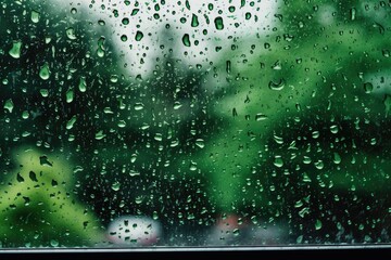 Ideal background of raindrops on the window, with a green backdrop, perfect for representing rainy days. Generative AI