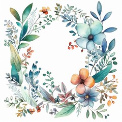 Watercolour illustration of decorative floral frame on white background, created with generative AI