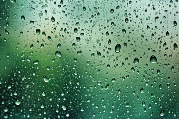 Ideal background of raindrops on the window, with a green backdrop, perfect for representing rainy days. Generative AI