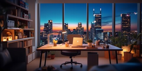 Blurred office workspace in the evening , interior workplace with cityscape for business presentation background. Generative AI