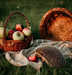 
Apples and fruits in a basket and next to it on the grass on a plaid with a hedgehog