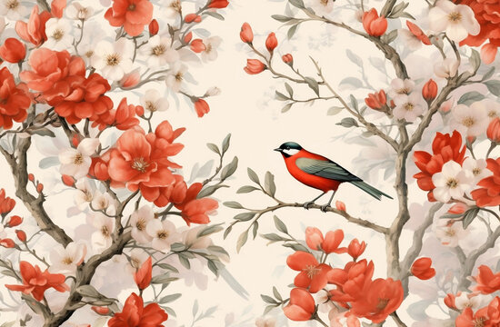 Nature's Tapestry: A Seamless Illustration of Floral Tree Branches, Birds, Butterflies and Blooms - Ideal for 3D Wallpaper, Interior Murals and Wall Decor, generative AI