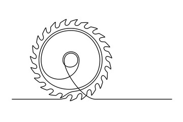 Continuous one line circular blade. Vintage circular blade isolated on a white background. Carpentry concept. Vector illustration