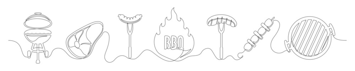 Set of continuous one line BBQ grill elements. Vintage BBQ grill elements isolated on a white background. Vector illustration