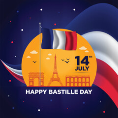 French Bastille Day Social Media Post Design,Independence Day of French banner with retro abstract geometric shapes.French flag with landscape landmarks Vector Illustration