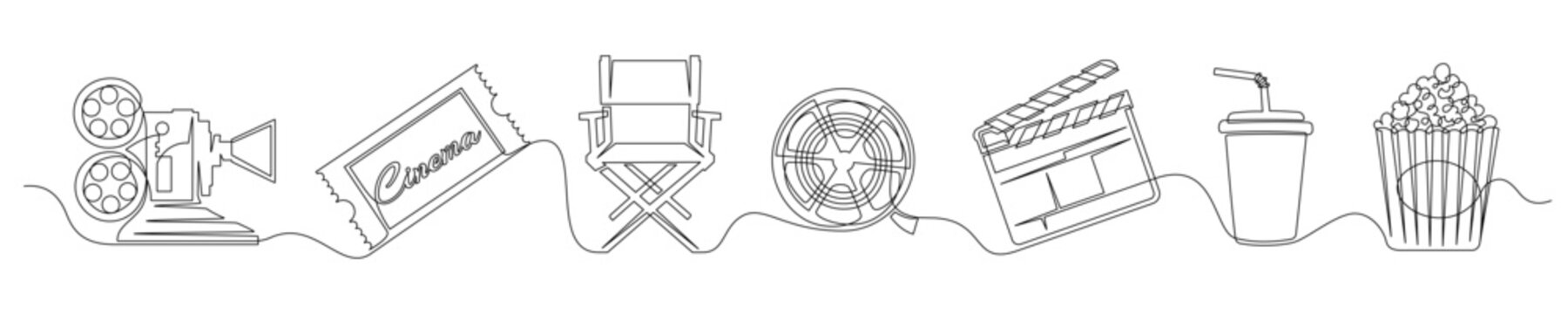 Set of continuous one line cinema elements. Vintage cinema elements isolated on a white background. Vector illustration