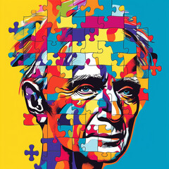 Puzzle with drawn human head on color background. Concept of dementia,  Created using generative AI tools.
