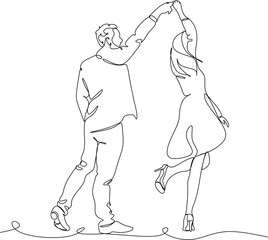 Single one line drawing happy cute married man and woman dancing on the floor at party park. Romantic young wedding couple holding hands and spinning around. Continuous line draw design graphic vector