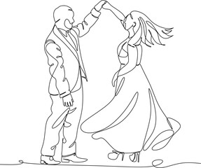 Single one line drawing happy cute married man and woman dancing on the floor at party park. Romantic young wedding couple holding hands and spinning around. Continuous line draw design graphic vector