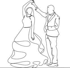 Single one line drawing happy cute married man and woman dancing on the floor at party park. Romantic young wedding couple holding hands and spinning around. Continuous line draw design graphic vector