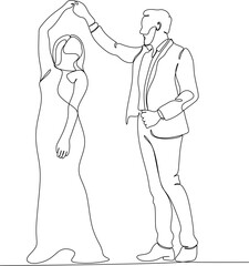 Single one line drawing happy cute married man and woman dancing on the floor at party park. Romantic young wedding couple holding hands and spinning around. Continuous line draw design graphic vector