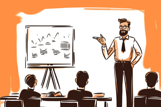 Doodle Inspired Sales Manager Giving Presentations, Cartoon Sticker, Sketch, Vector, Illustration