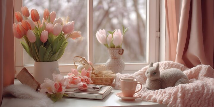 Beautiful fresh pink tulips bouquet in green glass vase on table in warm sunset sun lights against balcony window in cozy home interior.by generative ai