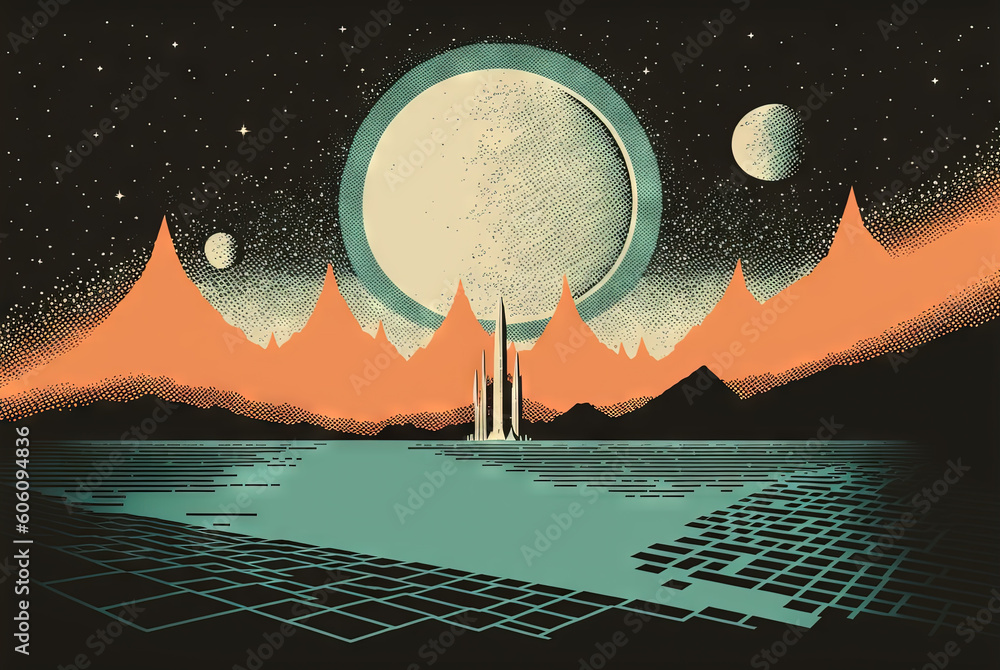 Poster retro styled sci-fi landscape with mountains. retro futuristic science fiction illustration in drawi